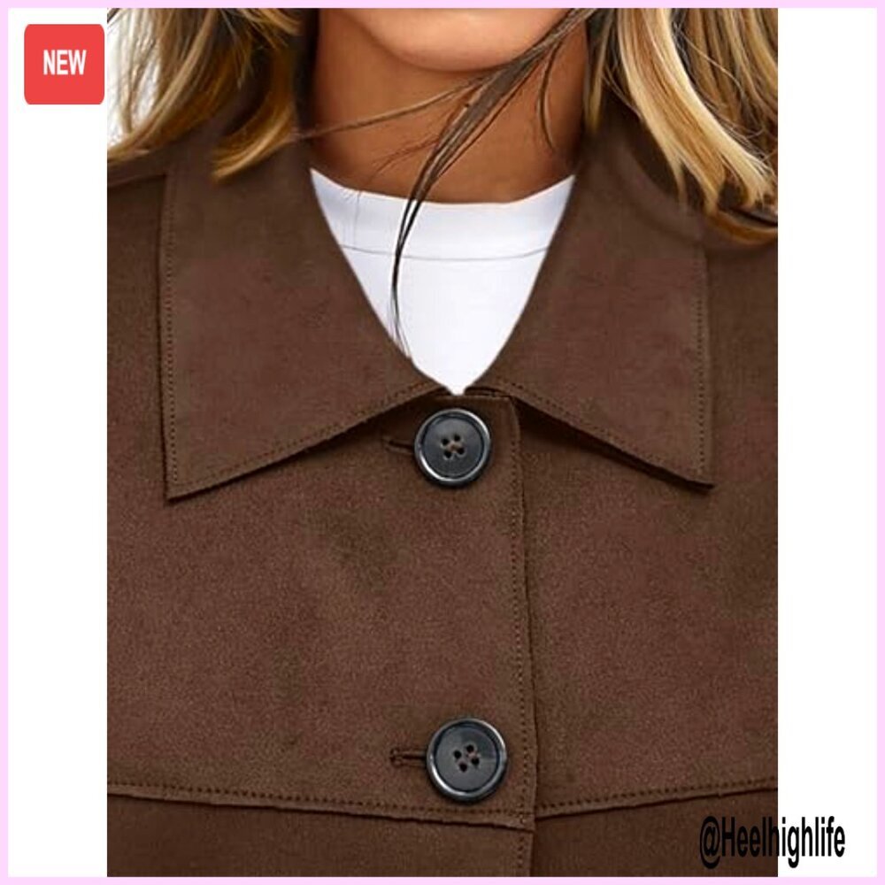 Faux Suede Cropped Jacket, Button Front, Patch Pockets, Lightweight Fall - Picture 5 of 7